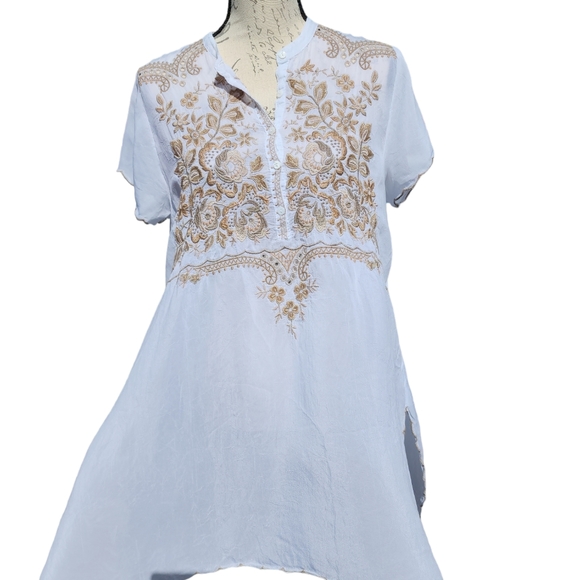 Johnny Was Eyelet Floral Embroidered Tunic Top 1/2 Button Front White Size Small - Picture 3 of 9